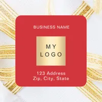 Business logo name address red white square sticker