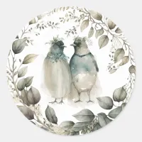 Watercolor Penguins and Greenery Classic Round Sticker