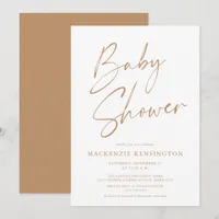 Tan Modern Minimalist Script Baby Shower Invite