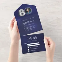 80th Birthday navy blue silver photo rsvp All In One Invitation