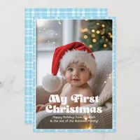 Sky Blue Gingham My First Christmas Baby Holiday Card