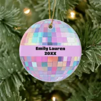 Custom Sparkly Pink & Rainbow Disco Ball Christmas Ceramic Ornament