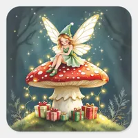 Sweet Little Christmas Fairy on Mushroom Square Sticker