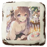 Pretty Anime Girl with Kitten and Birthday Cake Brownie