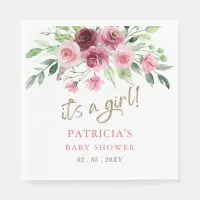 Its a girl Modern Pink Burgundy Floral Baby Shower Napkins