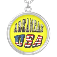 Arkansas Picture and USA Flag Text Silver Plated Necklace