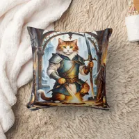 Brave Cat Knight Forging Swords in Fantasy Forge Throw Pillow