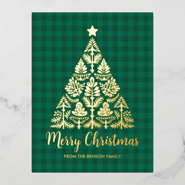 Nordic Folk Art Christmas Tree in Gold  Foil Holiday Postcard