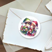 Cute Anime Elves Christmas Classic Round Sticker