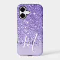 Girly Purple Glitter Monogram Name iPhone 17 Case
