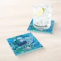 Blue and Green Digital Marble Fluid Art  Glass Coaster