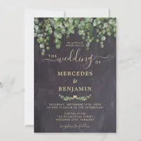 Rustic Greenery Eucalyptus Gold Chalkboard Wedding Invitation