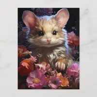 Fantasy Brown Fluffy Mouse in the Flowers Postcard