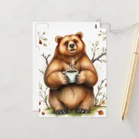 Adorable Brown Bear and a Coffee Postcard