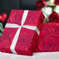 Red Roses Gold Border Romantic Valentine Wrapping Paper