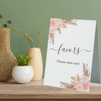 Pampas grass blush rose floral favors table tent sign