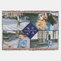 Navy Multiple Photos Custom Monogram Family Name Throw Blanket