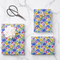 Vivid Blue Yellow Red Purple Flowers Pattern Wrapping Paper Sheets