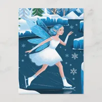 Winter Adorable Ice Skating Fairy Blue White Postcard