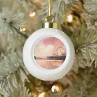 Santa Monica Pier - Sparkling Pink Photo Edit Ceramic Ball Christmas Ornament