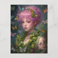 Purple Hair Flowers and Butterfly Woman Postcard