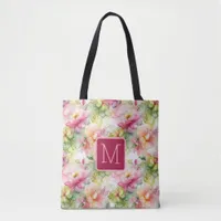 Pastel Flowers Alcohol Ink Color Block Monogram Tote Bag