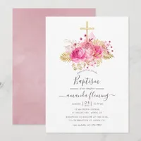 Pink and Gold Tropical Floral Baptism Invitation