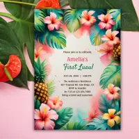 Tropical Watercolor Hawaiian First Luau Birthday Invitation