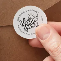 Happy New Year Artsy Script Return Name Address Classic Round Sticker