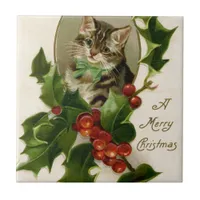 Vintage Christmas Cat Ceramic Tile