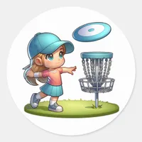Cute Little Girl Disc Golf Cartoon  Classic Round Sticker
