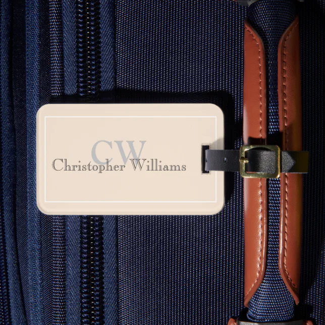 Beige Minimalist Name Monogram Luggage Tag