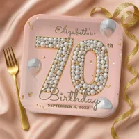 Opulent Blush Pink Gold Pearl Mosaic 70th Birthday Paper Plates