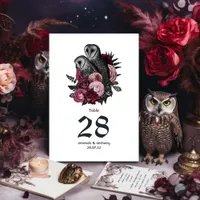 Burgundy Floral Owls Gothic Wedding Table Number