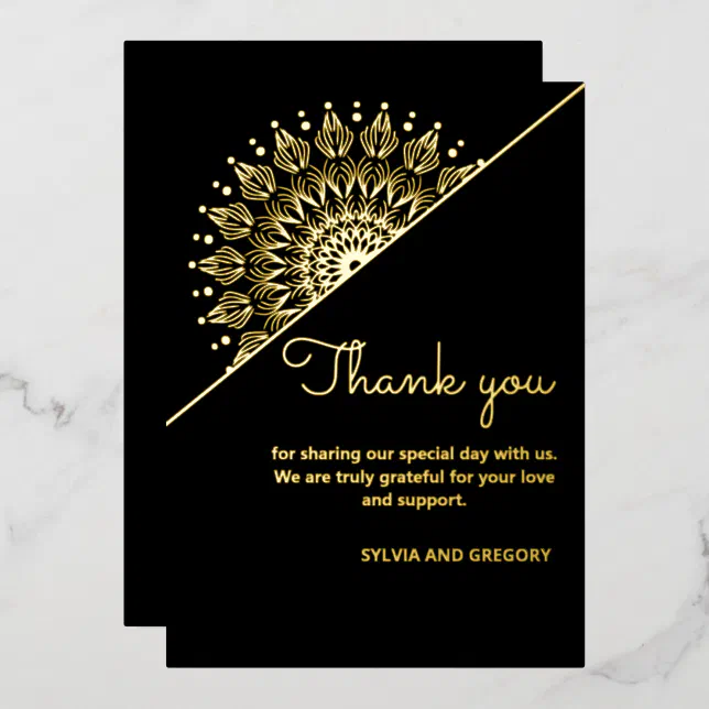 Elegant stylish black mandala foil thank you card