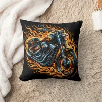 Fiery motorcycle in motion during sunset throw pillow