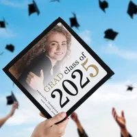 Modern Minimalist Photo Overlay Black Gold 2025 Graduation Cap Topper