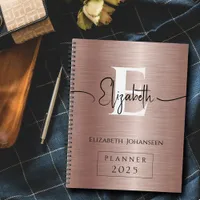 Elegant Rose Gold Brushed Metal White Monogrammed Planner