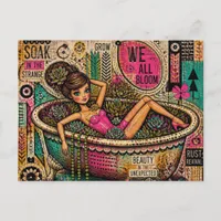 Doll in a Bathtub of Plants Fun Garden Art Collage Postcard