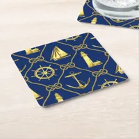 Nautical Navy Blue Gold Anchor Rope Lighthouse Square Paper Coaster