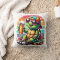 Turtle skateboarder sipping a drink outdoors throw pillow