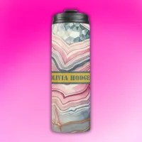 Modern Blue Gold Pink Agate Geode Monogram |  Thermal Tumbler