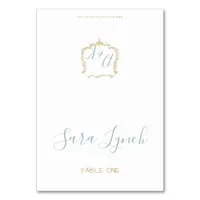 Monogram Crest Gold Dusty blue Wedding Table Number