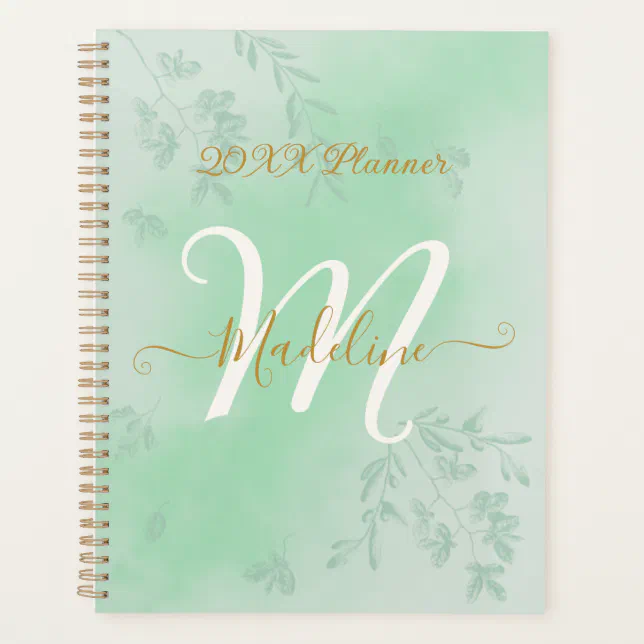 Watercolor Green Leaves Monogram Planner