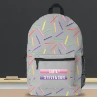 Playful Colored Pencils Pattern on Light Gray Printed Backpack