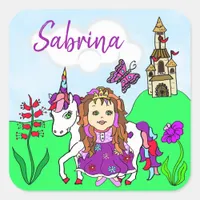 Personalized Pretty Princess and Unicorn Castle Square Sticker