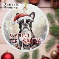 Boston Terrier Waiting For Santa Snowy Christmas Ceramic Ornament