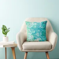 Blue and Green Waves Digital Fluid Art    Throw Pillow