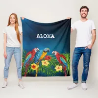 Aloha birds parrots blue palm leaves flowers fleece blanket