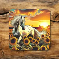 White Horse in Field of Sunflowers at Sunset Square Sticker